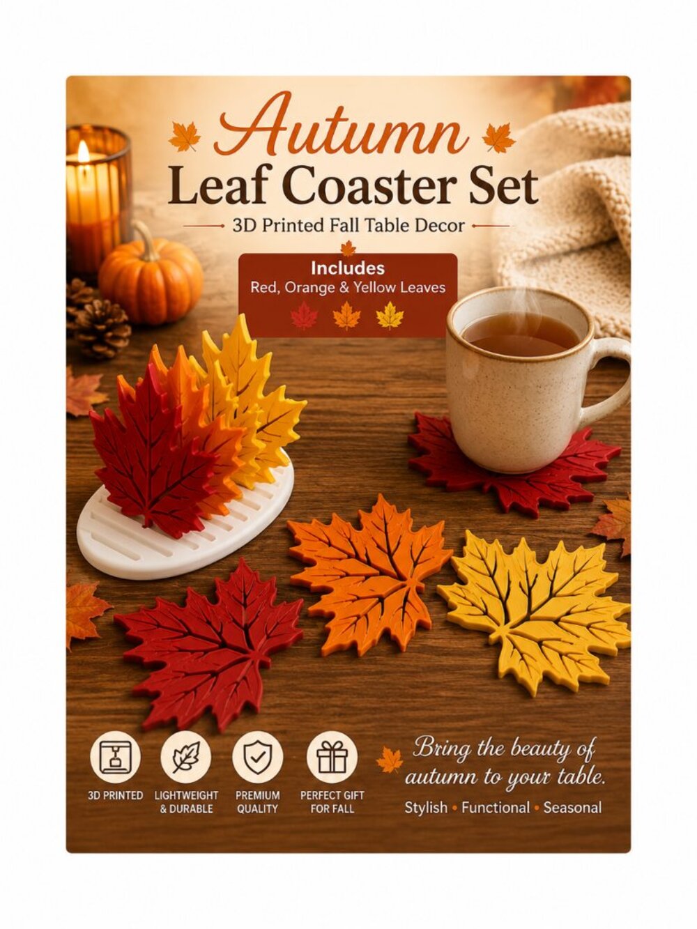 Autumn Leaf Coaster Set | 3D Printed Fall Table Decor | Handmade